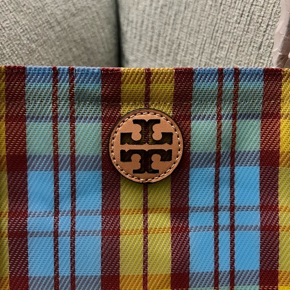 Tory Burch Emerson Mesh Blue and Yellow Market Tote - Picture 6 of 6